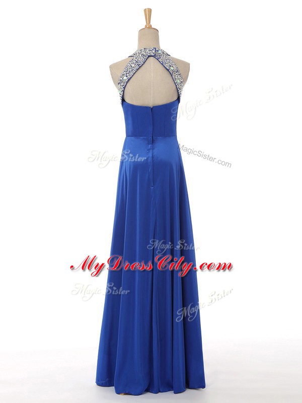 Custom Design Royal Blue Empire Elastic Woven Satin Halter Top Sleeveless Beading and Ruching Floor Length Zipper Formal Evening Gowns