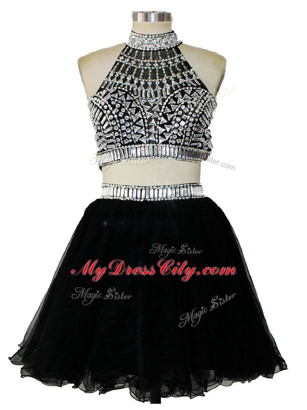 Extravagant Black Halter Top Neckline Beading Prom Gown Sleeveless Criss Cross