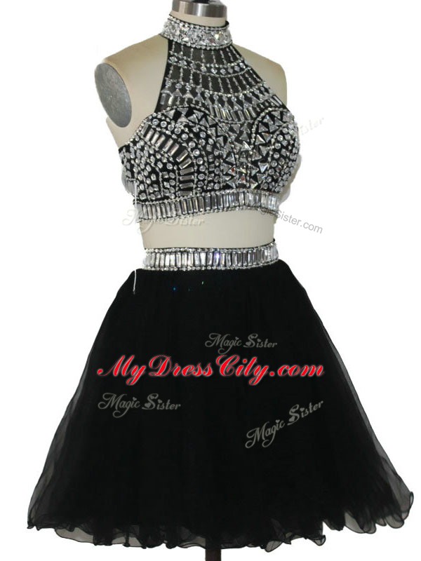 Extravagant Black Halter Top Neckline Beading Prom Gown Sleeveless Criss Cross