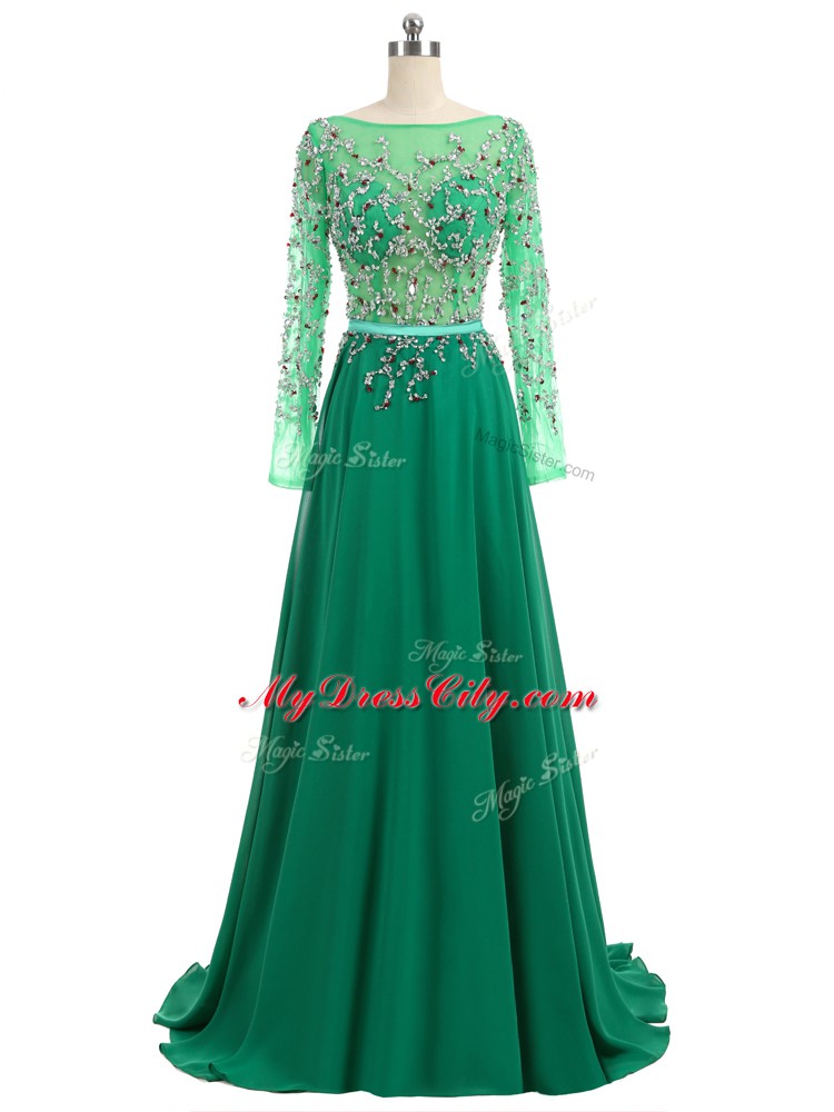 Modern Green Backless Oscars Dresses Beading Long Sleeves Brush Train