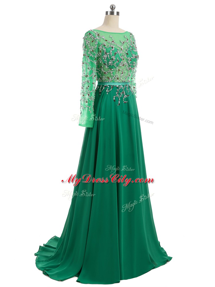 Modern Green Backless Oscars Dresses Beading Long Sleeves Brush Train