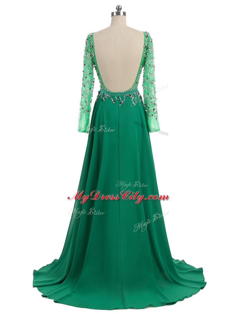 Modern Green Backless Oscars Dresses Beading Long Sleeves Brush Train