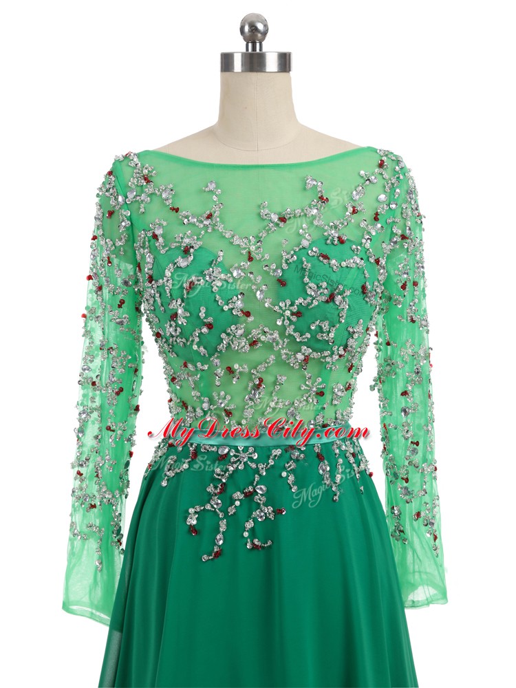 Modern Green Backless Oscars Dresses Beading Long Sleeves Brush Train