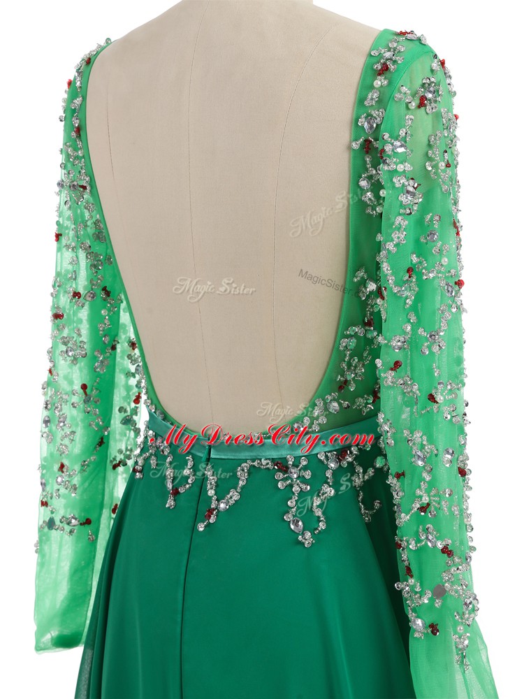 Modern Green Backless Oscars Dresses Beading Long Sleeves Brush Train