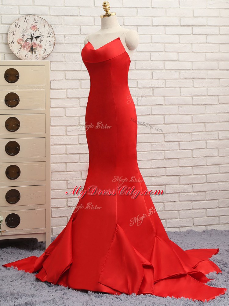 Smart Brush Train Mermaid Prom Party Dress Red Sweetheart Satin Sleeveless Zipper