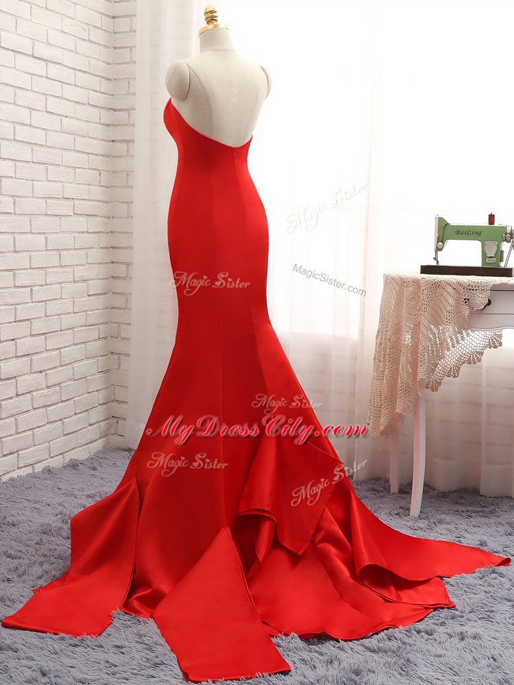 Smart Brush Train Mermaid Prom Party Dress Red Sweetheart Satin Sleeveless Zipper