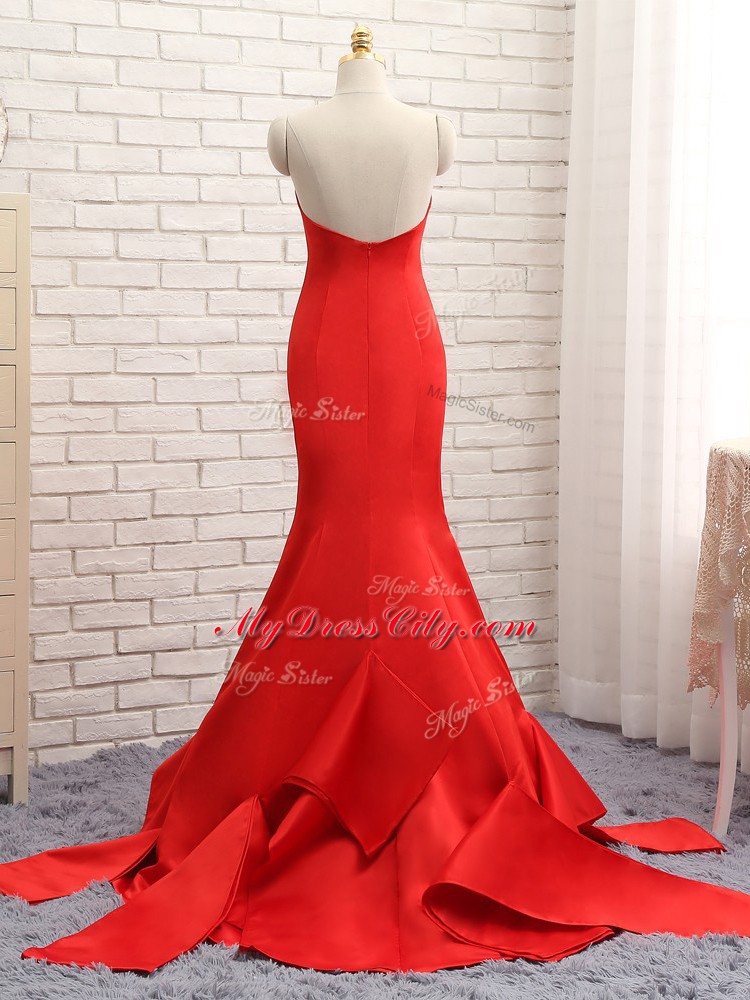 Smart Brush Train Mermaid Prom Party Dress Red Sweetheart Satin Sleeveless Zipper