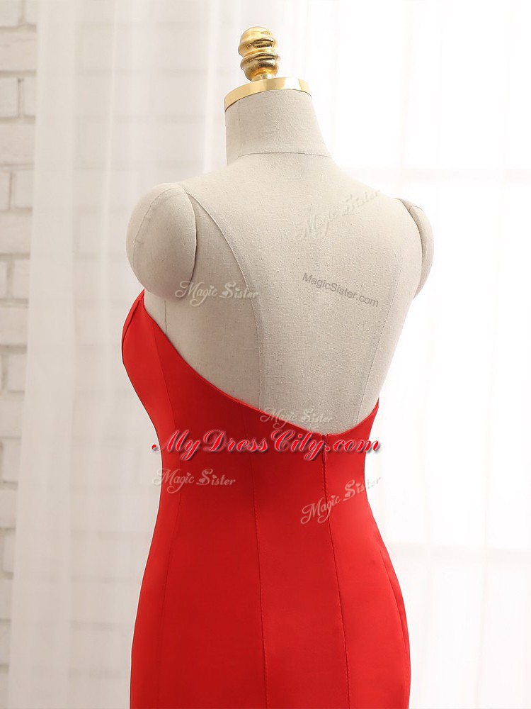 Smart Brush Train Mermaid Prom Party Dress Red Sweetheart Satin Sleeveless Zipper