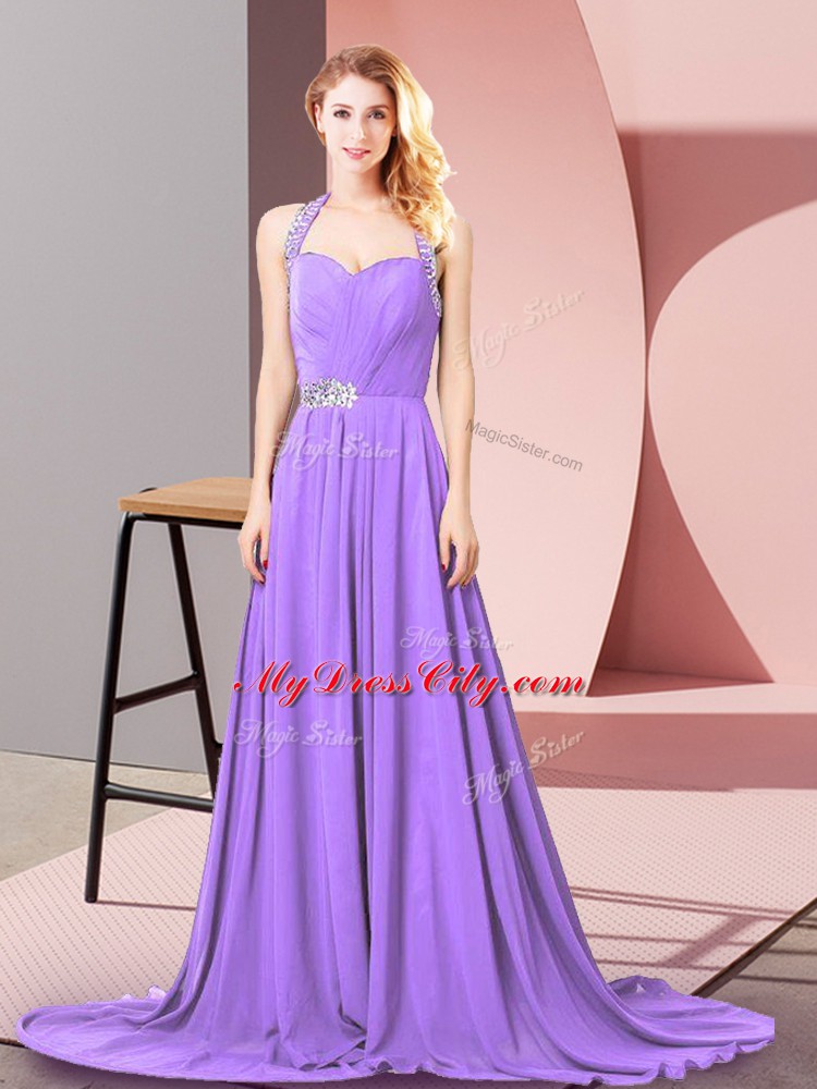 Lavender Empire Beading and Ruching Prom Evening Gown Zipper Chiffon Sleeveless