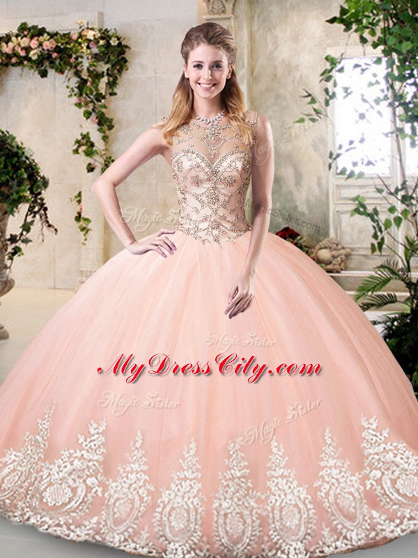 Custom Designed Sleeveless Floor Length Beading and Appliques Backless Sweet 16 Dresses with Peach