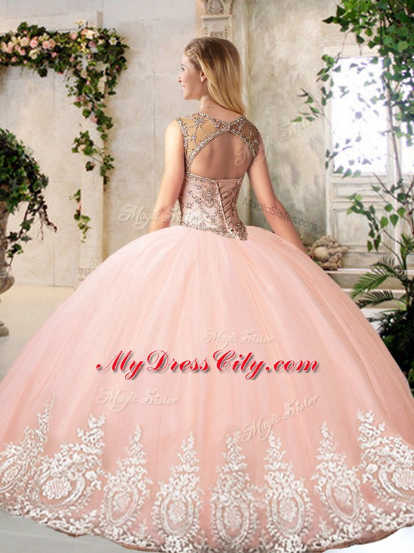 Custom Designed Sleeveless Floor Length Beading and Appliques Backless Sweet 16 Dresses with Peach