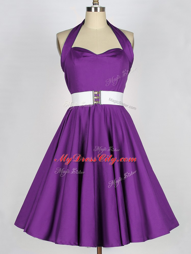 Customized Halter Top Sleeveless Taffeta Bridesmaid Dresses Belt Lace Up