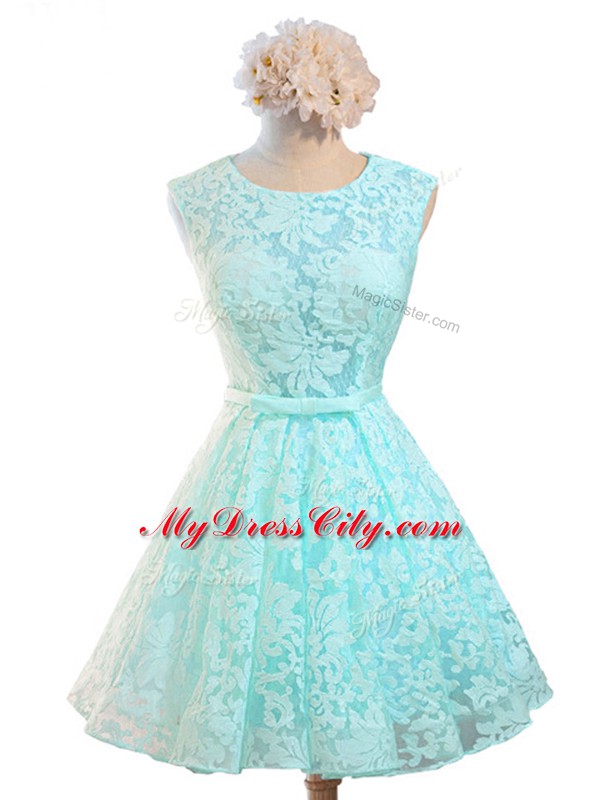 Sleeveless Knee Length Belt Lace Up Bridesmaids Dress with Aqua Blue