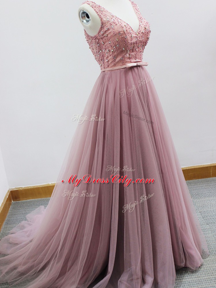 Chic Pink A-line V-neck Sleeveless Tulle Brush Train Zipper Beading and Belt Vestidos de Damas