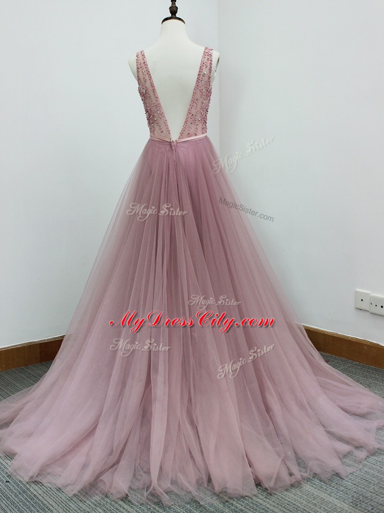 Chic Pink A-line V-neck Sleeveless Tulle Brush Train Zipper Beading and Belt Vestidos de Damas