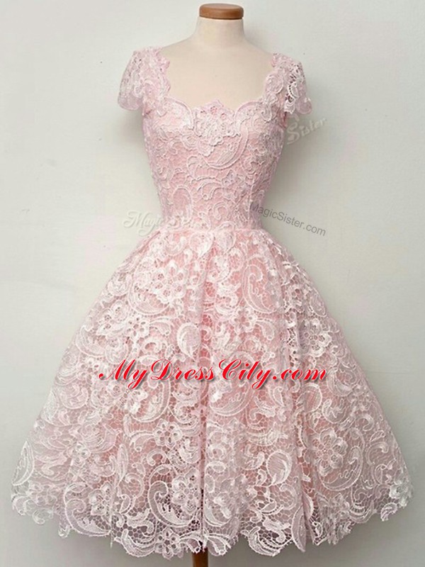 Great Baby Pink Cap Sleeves Lace Knee Length Wedding Party Dress