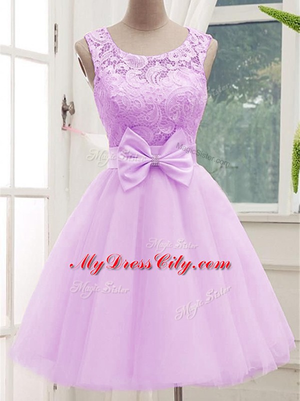 Affordable Sleeveless Knee Length Lace and Bowknot Lace Up Bridesmaid Gown with Lilac