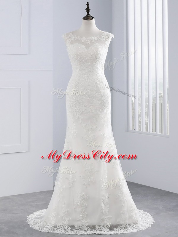 Decent Scoop Sleeveless Lace Wedding Dress Lace Brush Train Zipper