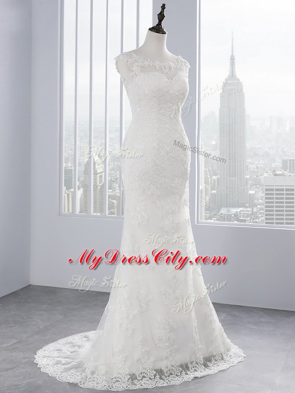 Decent Scoop Sleeveless Lace Wedding Dress Lace Brush Train Zipper