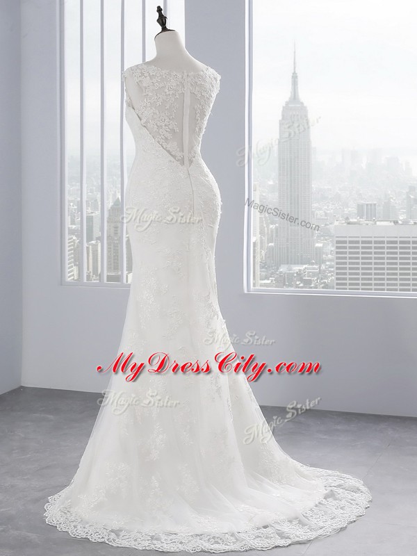 Decent Scoop Sleeveless Lace Wedding Dress Lace Brush Train Zipper