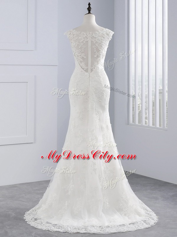 Decent Scoop Sleeveless Lace Wedding Dress Lace Brush Train Zipper