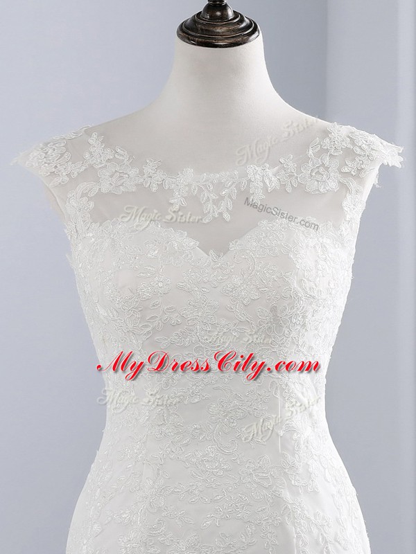 Decent Scoop Sleeveless Lace Wedding Dress Lace Brush Train Zipper