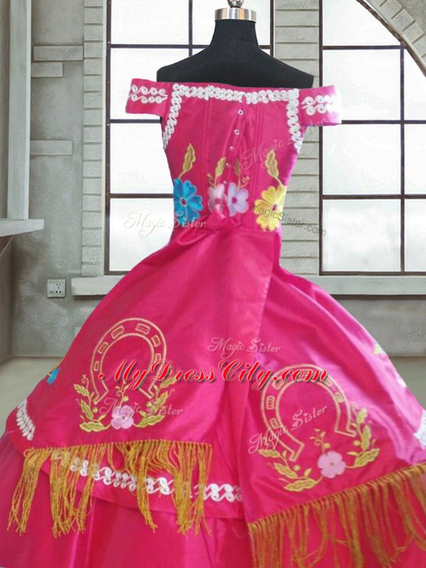 Hot Pink Sweetheart Neckline Beading and Embroidery Sweet 16 Dress Short Sleeves Lace Up