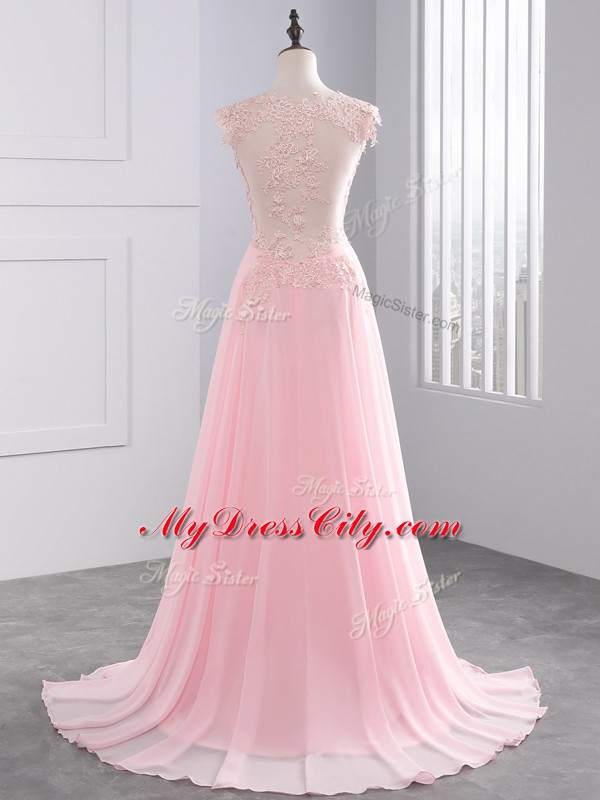 Chic Baby Pink Side Zipper V-neck Appliques Hoco Dress Chiffon Sleeveless Brush Train