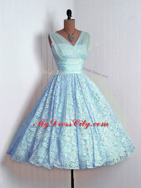 Elegant Baby Blue A-line Lace V-neck Sleeveless Lace Mini Length Lace Up Quinceanera Court of Honor Dress