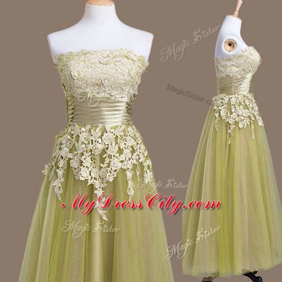 Traditional Tea Length Lace Up Quinceanera Dama Dress Olive Green for Prom and Party and Wedding Party with Appliques