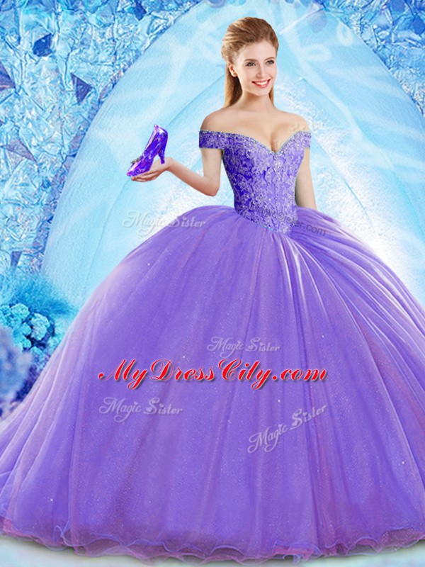 Lavender Off The Shoulder Neckline Beading Quince Ball Gowns Sleeveless Lace Up