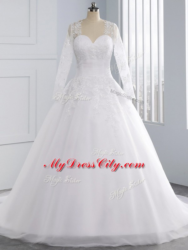 Superior Tulle Sweetheart Sleeveless Court Train Lace Up Appliques Wedding Dress in White