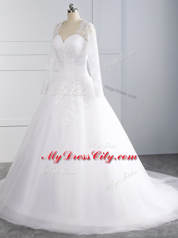 Superior Tulle Sweetheart Sleeveless Court Train Lace Up Appliques Wedding Dress in White