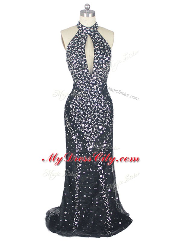 Spectacular Zipper Red Carpet Prom Dress Black for Prom and Party and Military Ball with Beading Brush Train