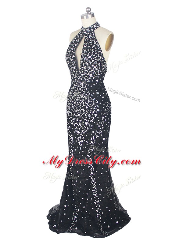 Spectacular Zipper Red Carpet Prom Dress Black for Prom and Party and Military Ball with Beading Brush Train