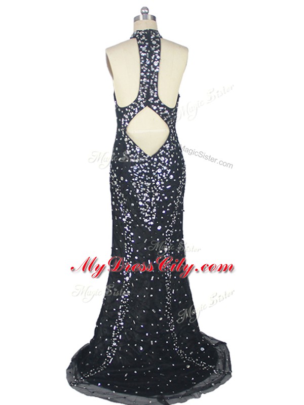 Spectacular Zipper Red Carpet Prom Dress Black for Prom and Party and Military Ball with Beading Brush Train