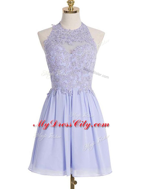 Luxury Halter Top Sleeveless Bridesmaids Dress Knee Length Lace Lavender Chiffon