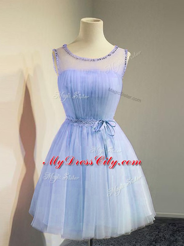 Stunning Scoop Sleeveless Tulle Bridesmaid Dresses Belt Lace Up