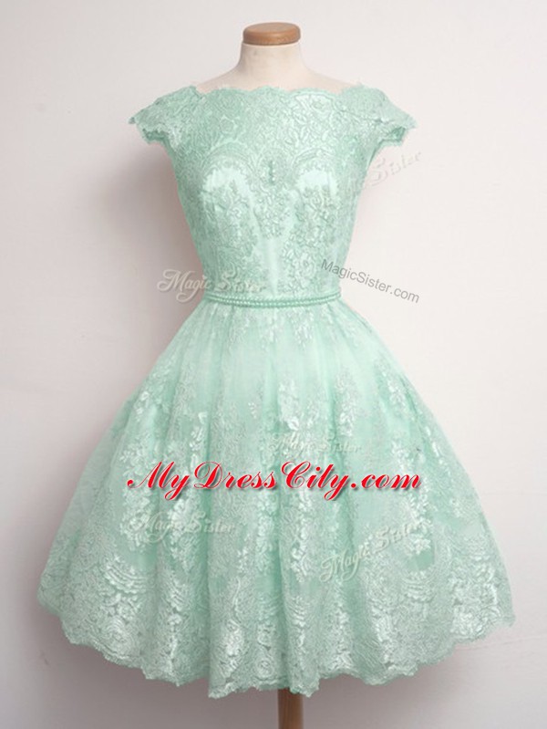 Glittering Apple Green A-line Scalloped Sleeveless Lace Knee Length Lace Up Lace Wedding Party Dress