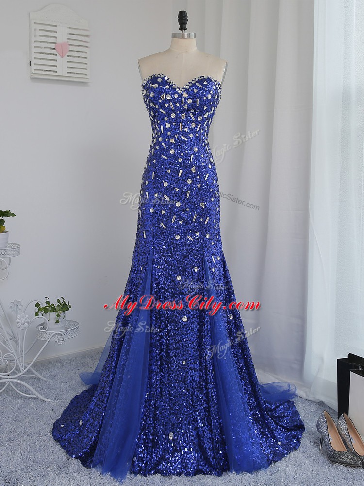 Beading and Sequins Evening Outfits Royal Blue Zipper Sleeveless Brush Train