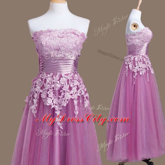 Suitable Lilac Strapless Lace Up Appliques Vestidos de Damas Sleeveless