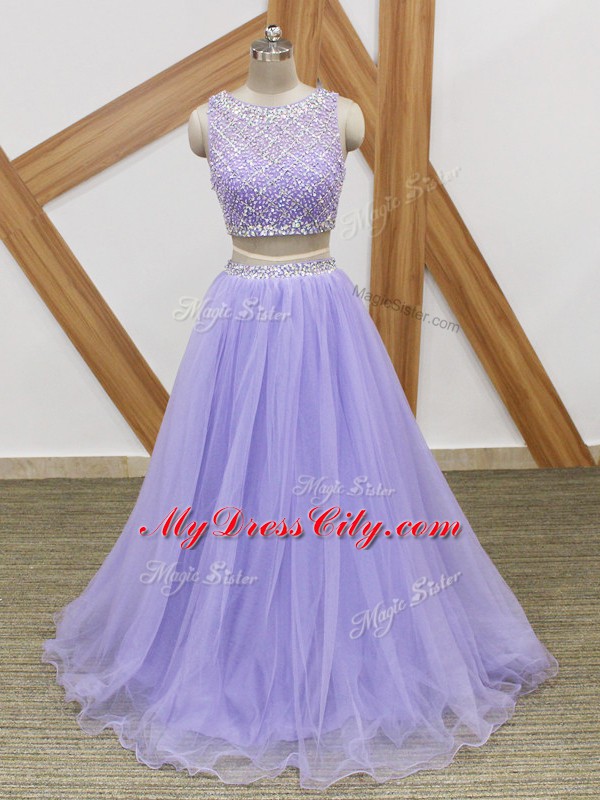 Lavender Two Pieces Scoop Sleeveless Tulle Floor Length Side Zipper Beading Prom Evening Gown