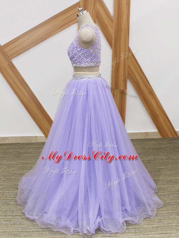 Lavender Two Pieces Scoop Sleeveless Tulle Floor Length Side Zipper Beading Prom Evening Gown