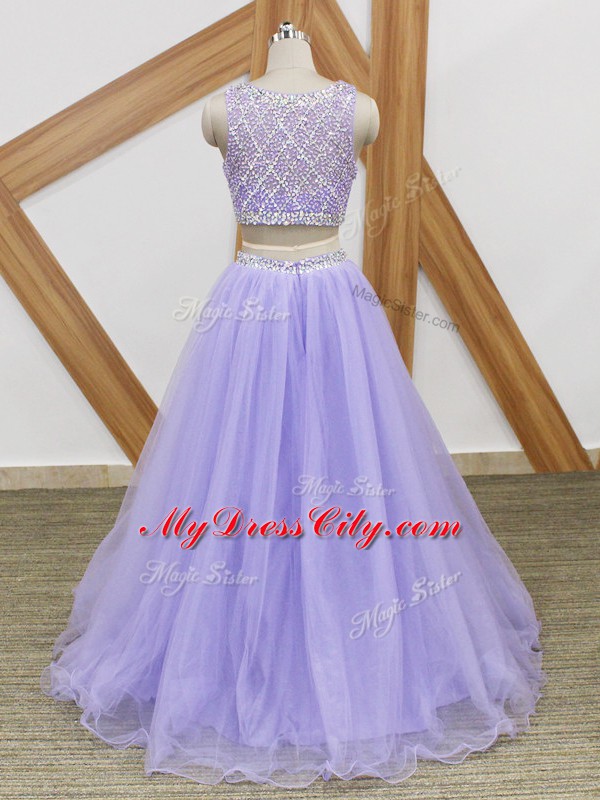 Lavender Two Pieces Scoop Sleeveless Tulle Floor Length Side Zipper Beading Prom Evening Gown