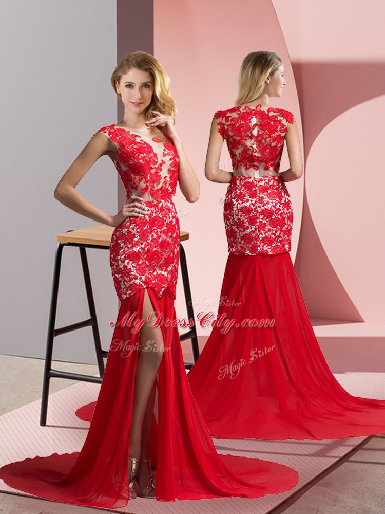 Pretty Zipper Prom Evening Gown Coral Red for Prom and Party with Lace Brush Train