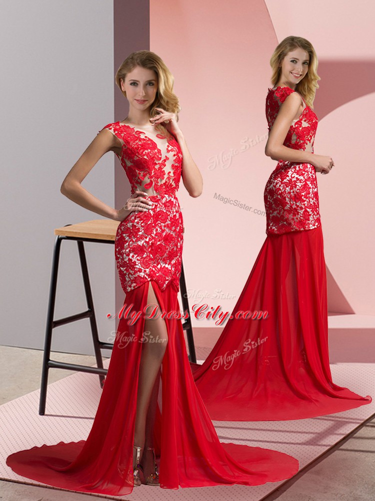 Pretty Zipper Prom Evening Gown Coral Red for Prom and Party with Lace Brush Train