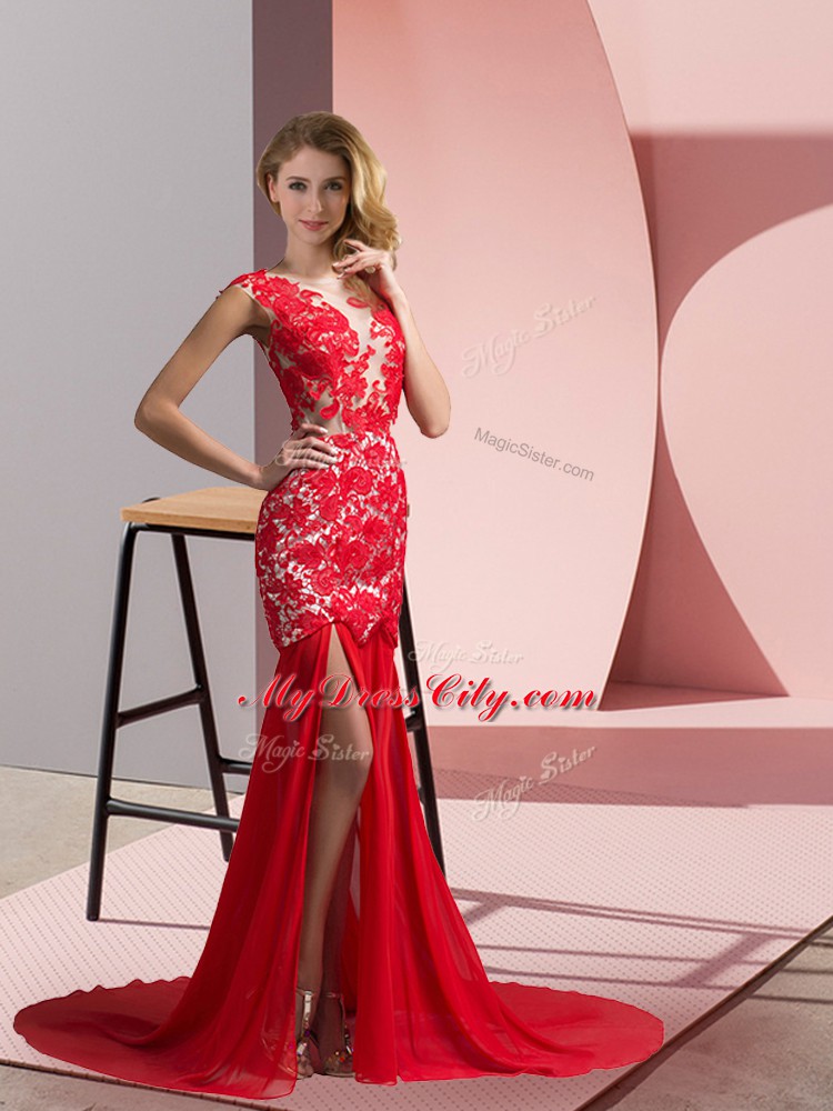 Pretty Zipper Prom Evening Gown Coral Red for Prom and Party with Lace Brush Train