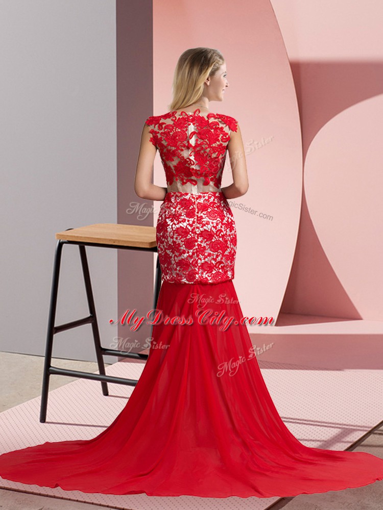 Pretty Zipper Prom Evening Gown Coral Red for Prom and Party with Lace Brush Train