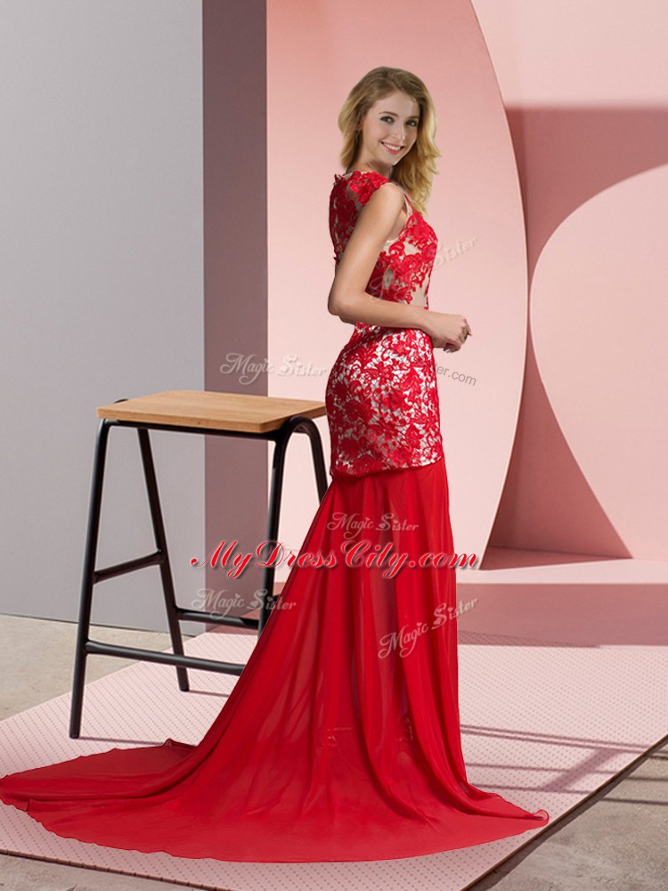 Pretty Zipper Prom Evening Gown Coral Red for Prom and Party with Lace Brush Train