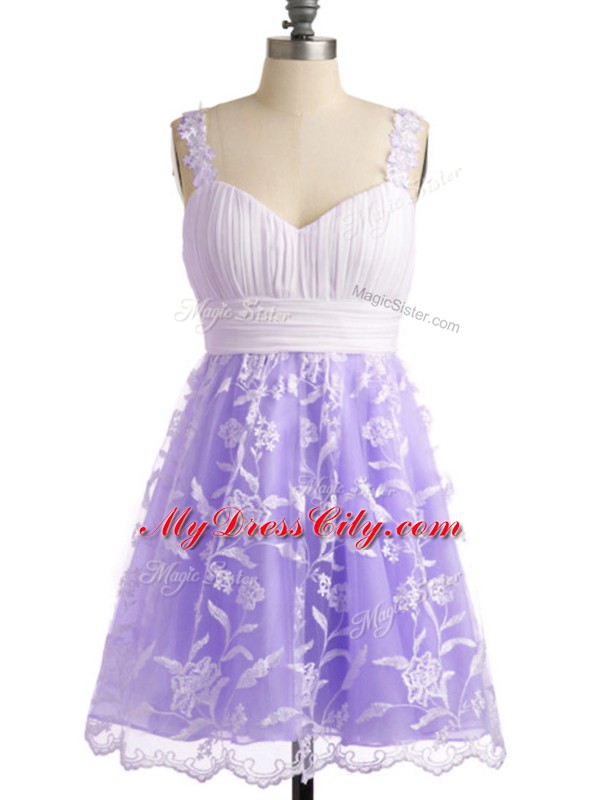 Most Popular Knee Length Lavender Bridesmaid Dresses Straps Sleeveless Lace Up